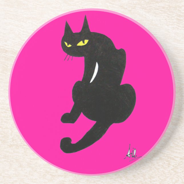 BLACK CAT, pink fuchsia Coaster (Front)