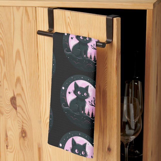 Black Cat Pink Full Moon Celestial Black Halloween Kitchen Towel (Thirds Fold)