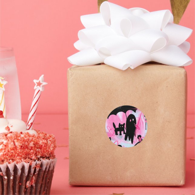 Black Cat & Pink Heart Ghost Classic Round Sticker (Party)
