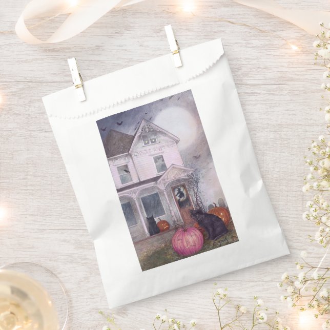 Black Cat Pink Pumpkin & Haunted House Halloween  Favour Bag (Clipped)