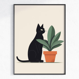 Black Cat Plant Wall Art Minimalist Cat Poster Mod