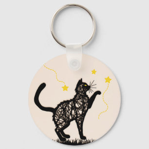 Black Cat Playful Stars Illustration Keychain