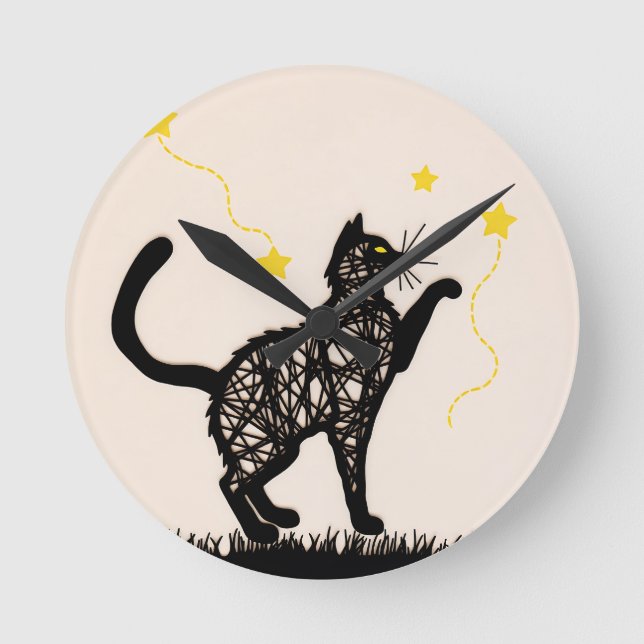 Black Cat Playful Stars Illustration Round Clock (Front)