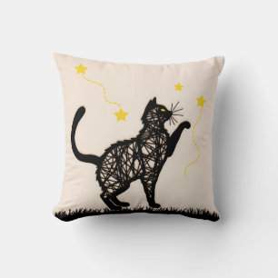 Black Cat Playful Stars Illustration Throw Pillow