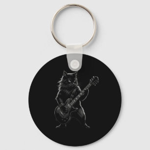 Black Cat Playing Electric Guitar Gothic Rocker Keychain