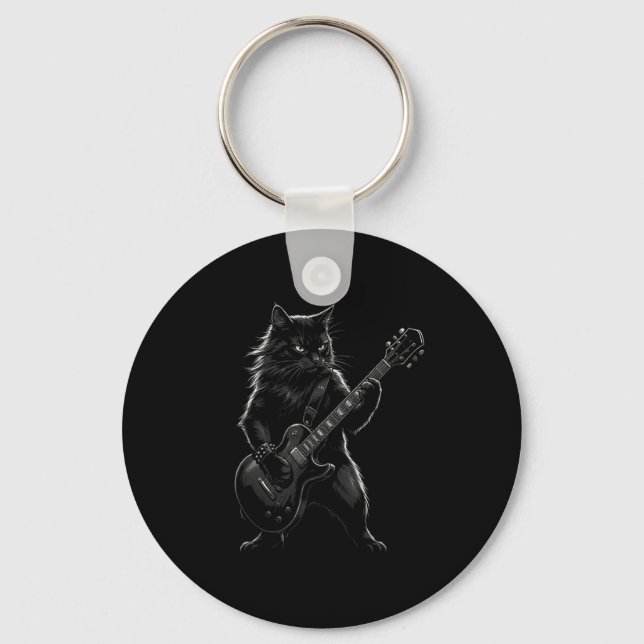 Black Cat Playing Electric Guitar Gothic Rocker  Keychain (Front)