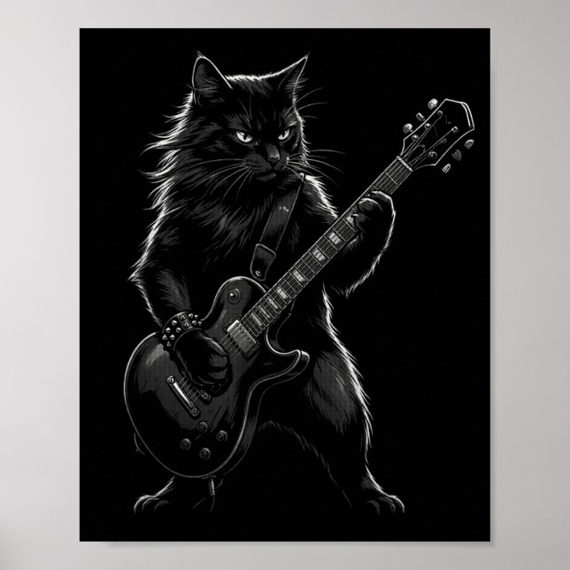 Black Cat Playing Electric Guitar Gothic Rocker  Poster (Front)
