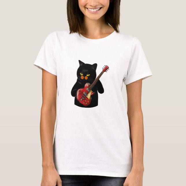 Black Cat Playing Guitar, Black Cat  lover T-Shirt (Front)