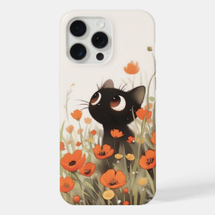 Black Cat Poppy Meadow iPhone 15 Pro Max Case