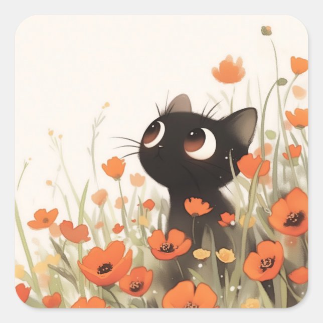 Black Cat Poppy Meadow Square Sticker (Front)
