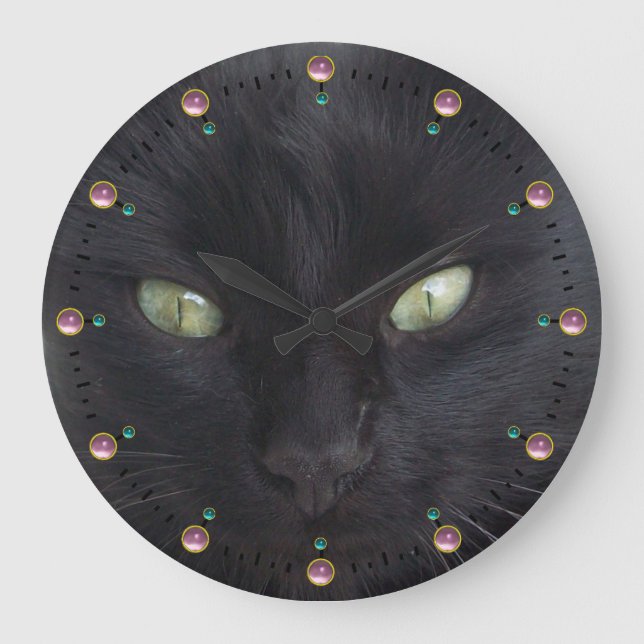 BLACK CAT PORTRAIT WITH EMERALD EYES,Pink Gemstone Large Clock (Front)