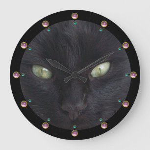 BLACK CAT PORTRAIT WITH EMERALD EYES,Pink Gemstone Large Clock
