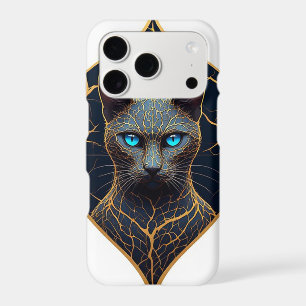 Black Cat Portrait With Gold Geometric Diamond Fra