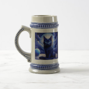 Black Cat Posing In Front Of Moon And White Clouds Beer Stein