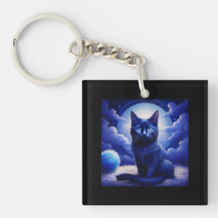 Black Cat Posing In Front Of Moon And White Clouds Keychain