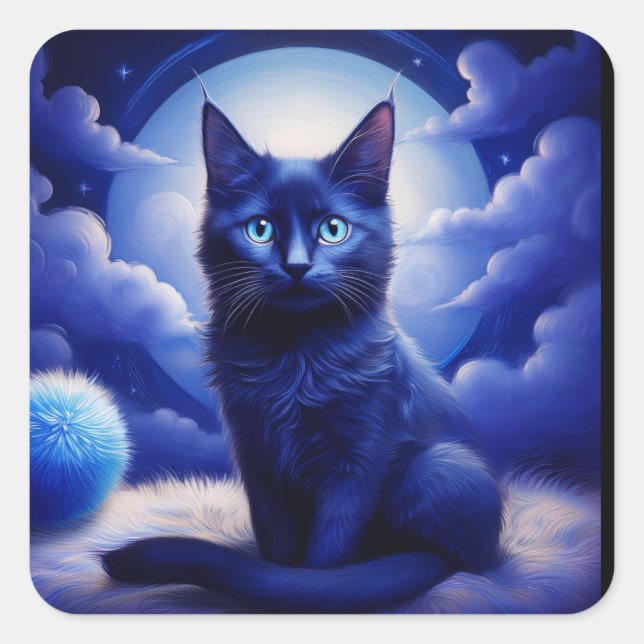 Black Cat Posing In Front Of Moon And White Clouds Square Sticker (Front)