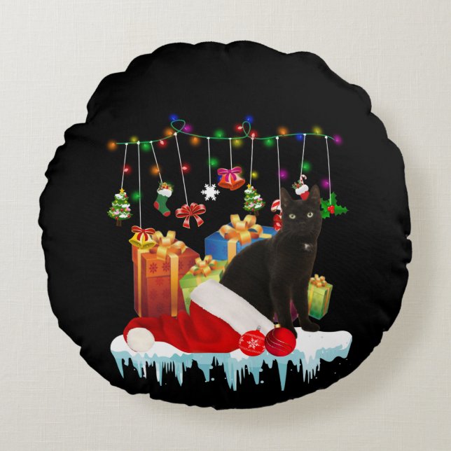 Black Cat Present Of My Christmas Round Pillow (Front)