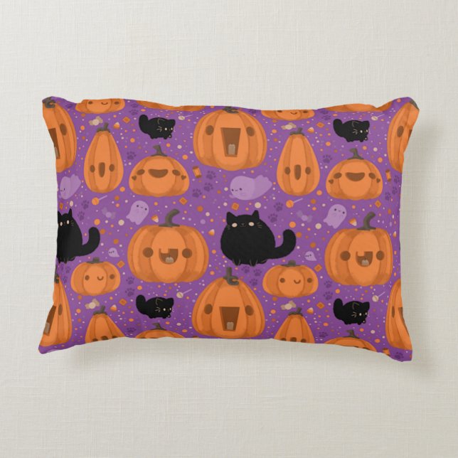 Black cat Pumpkin and Ghost Pattern Accent Pillow (Back)