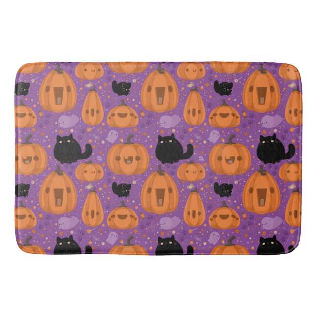 Black cat Pumpkin and Ghost Pattern Bath Mat (Front)