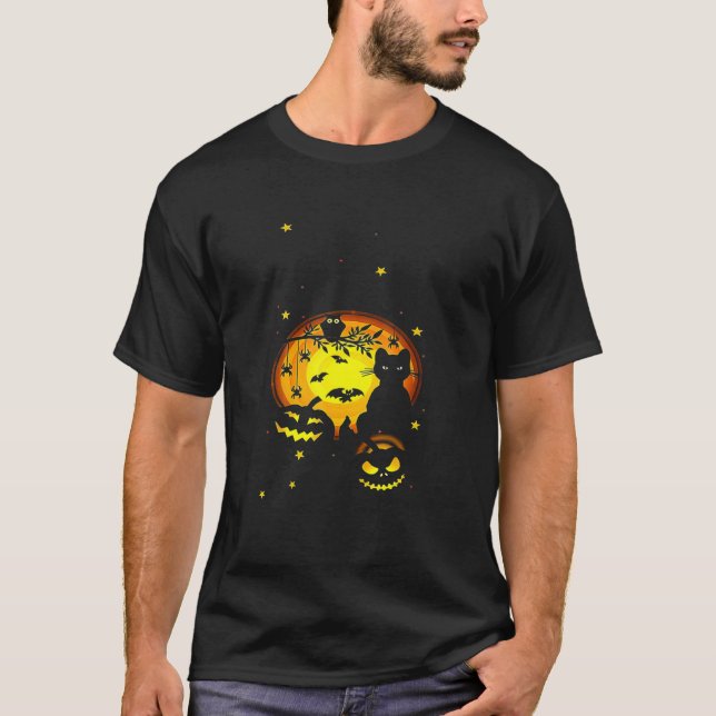 Black Cat Pumpkin And Owl Halloween Full Moon Cute T-Shirt (Front)