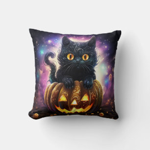 Black Cat Pumpkin Galaxy Throw Pillow
