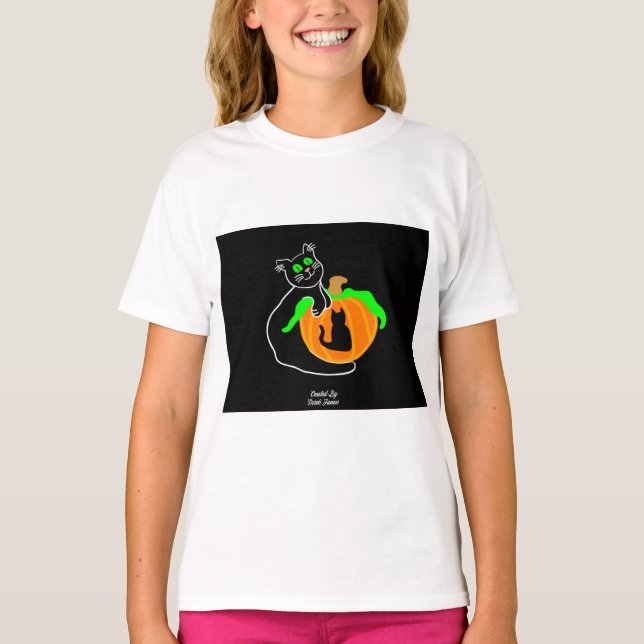 Black Cat Pumpkin Girl's White Basic T Shirt (Front)