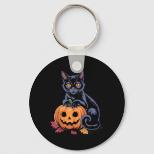 Black Cat Pumpkin Halloween Costume Retro Fall Keychain