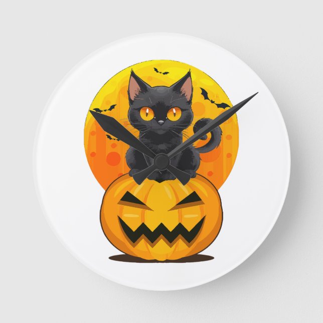 Black Cat Pumpkin Halloween Costume  Round Clock (Front)