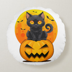 Black Cat Pumpkin Halloween Costume Round Pillow