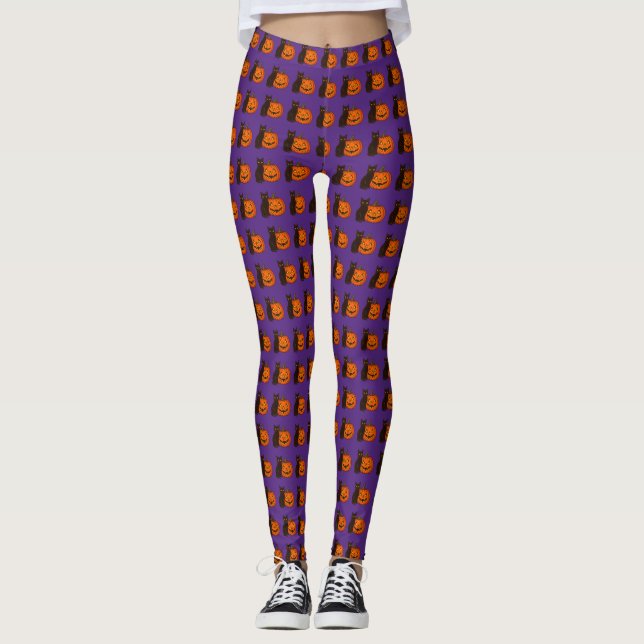 Black Cat & Pumpkin Halloween Leggings (Front)