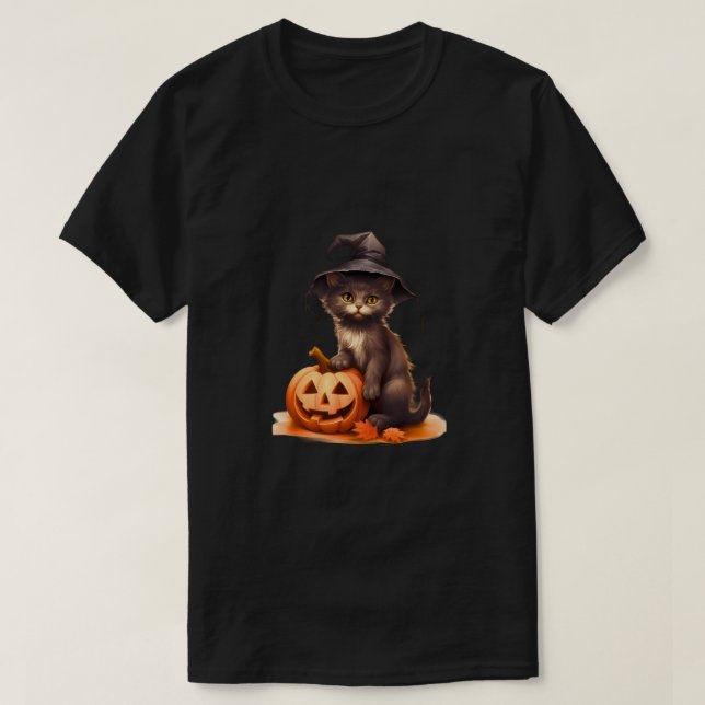 Black Cat & Pumpkin Halloween Tee – Classic Spooky (Design Front)