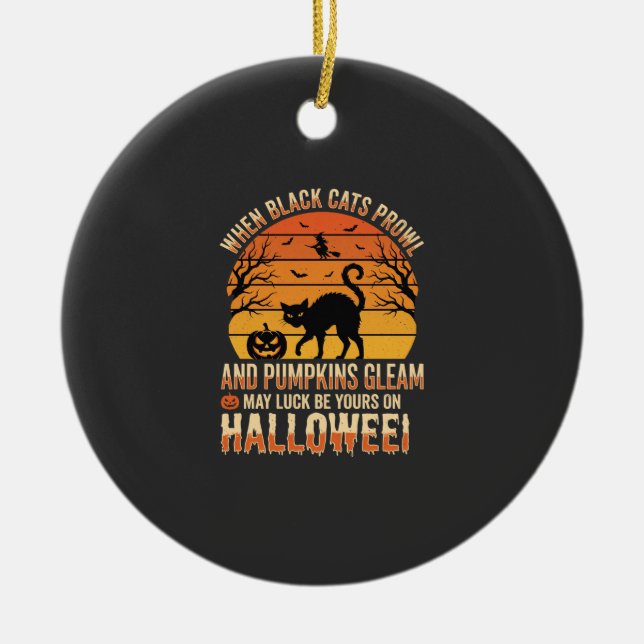 Black Cat Pumpkin Halloween Vector Design Ceramic Ornament (Front)