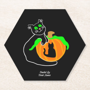 Black Cat Pumpkin Hexagon Paper Coaster