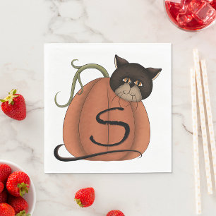 Black Cat Pumpkin Letter S Halloween Napkin