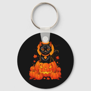 Black Cat Pumpkin Moon Halloween Autumn Fall Keychain