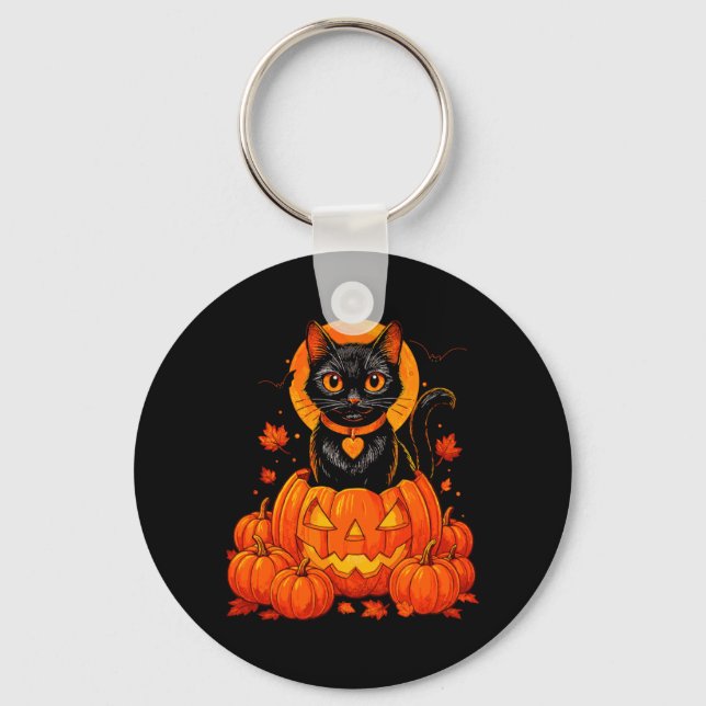 Black Cat Pumpkin Moon Halloween Autumn Fall Keychain (Front)
