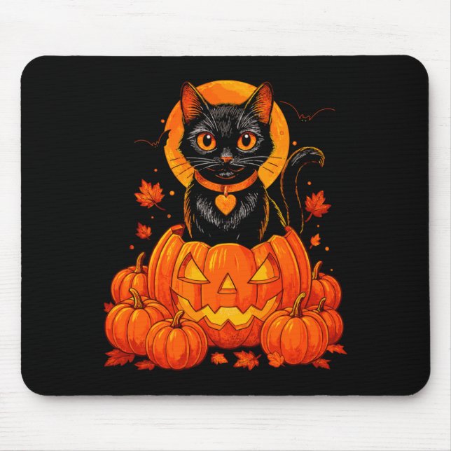 Black Cat Pumpkin Moon Halloween Autumn Fall Mouse Pad (Front)