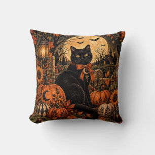 Black Cat Pumpkin Moon Halloween Throw Pillow
