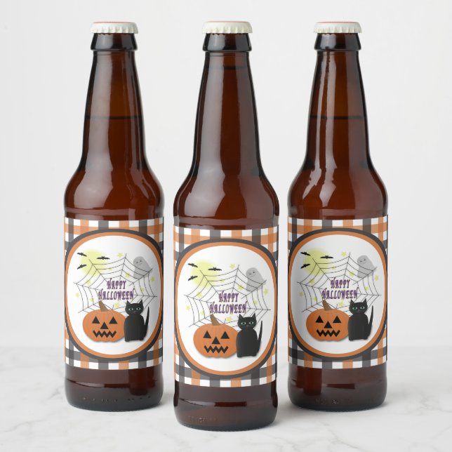 Black Cat & Pumpkin Not Scary Halloween Beer Bottle Label (Bottles)