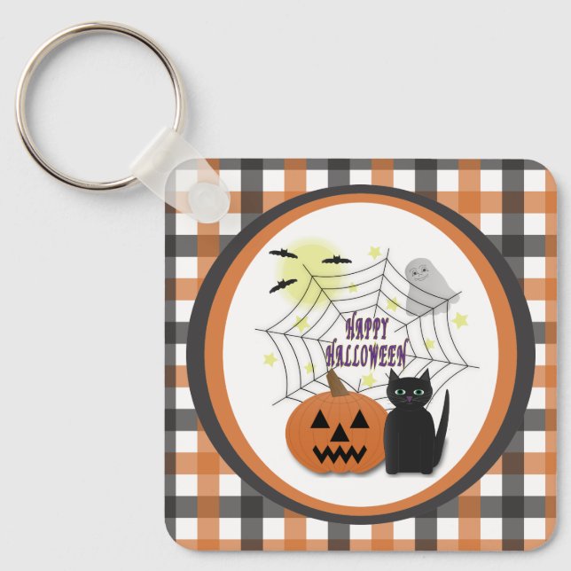 Black Cat & Pumpkin Not Scary Halloween Keychain (Front)