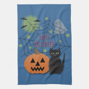 Black Cat & Pumpkin Not Scary Halloween Kitchen Towel