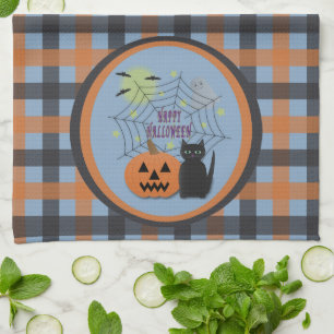 Black Cat & Pumpkin Not Scary Halloween Kitchen Towel
