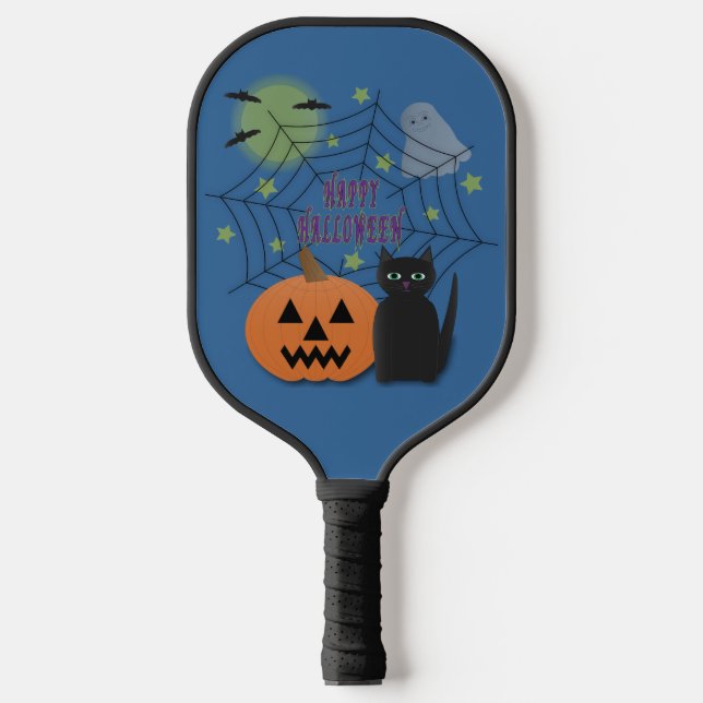 Black Cat & Pumpkin Not Scary Halloween Pickleball Paddle (Front)