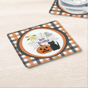 Black Cat & Pumpkin Not Scary Halloween Square Paper Coaster