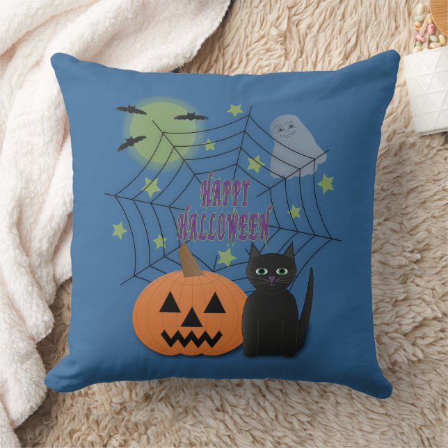 Black Cat & Pumpkin Not Scary Halloween Throw Pillow (Blanket)