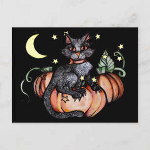 Black Cat Pumpkin Patch Moon Postcard