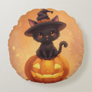 Black Cat Pumpkin Round Halloween Pillow