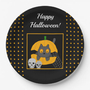 Black Cat Pumpkin Skulls Kids Halloween Party Paper Plate