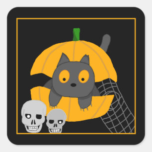 Black Cat Pumpkin Skulls Kids Halloween Square Sti Sticker