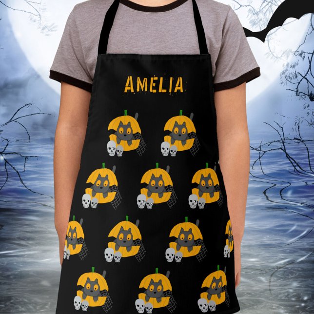 Black Cat Pumpkin Skulls Kids Name Halloween Apron (Creator Uploaded)